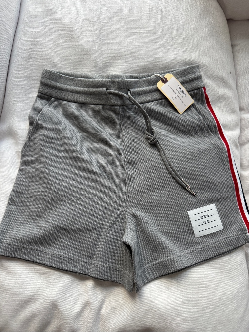 NEW Thom Browne Gray Drawstring Shorts with Red & Navy Side Stripe